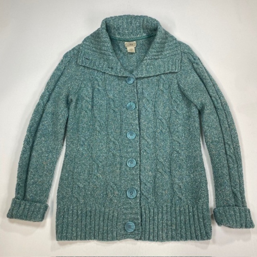 LL Bean Womens Teal Green Wool Blend Cable Knit Shawl Collar Cardigan Sweater M